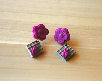 FLORAL PINK EARRINGS, Pink and Grey Earrings, Floral Studs, Square Earrings, Polymer Clay Statement Earrings