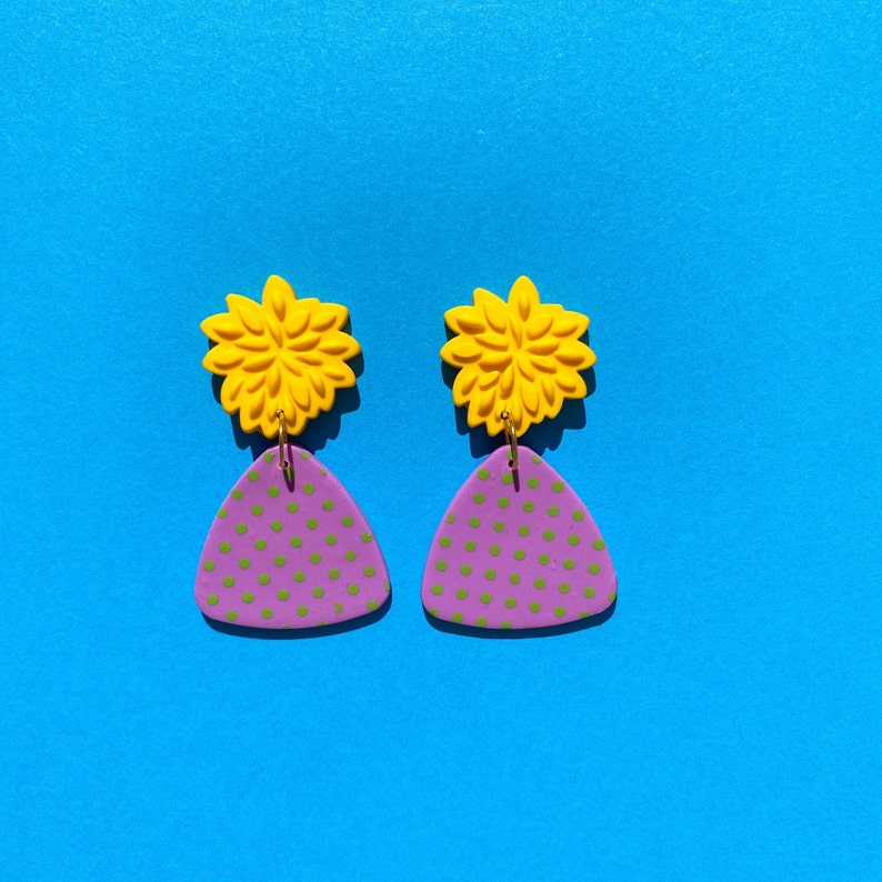 Purple Polka Dot Earrings, Purple Triangle Dangle Drops with Bold Yellow Floral Studs, Large Lightweight Boho Chic Statement Earrings image 3