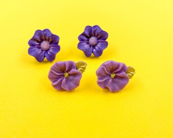 Purple Flower Stud Pack, 2 Pair Floral Studs, Minimalist Style Earrings, Small Lightweight Minimalist Polymer Clay Statement Earrings