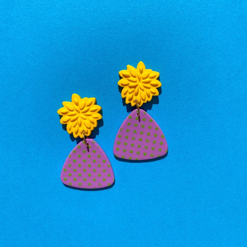 Purple Polka Dot Earrings, Purple Triangle Dangle Drops with Bold Yellow Floral Studs, Large Lightweight Boho Chic Statement Earrings image 4