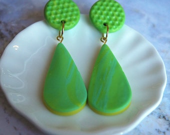 LEMON GREEN EARRINGS, Green and Yellow Marbled Teardrop Earrings with Round Textured Studs, Statement Earrings