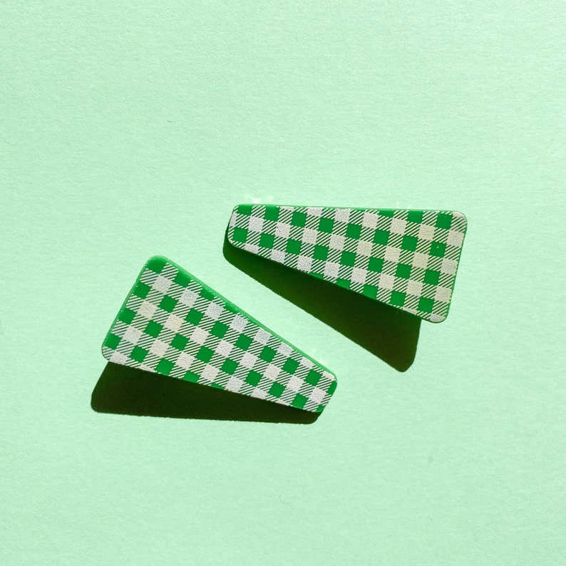 Green Gingham Hair Clips, Gingham Hair Barrette Set with Alligator Clips, Polymer Clay Hair Accessories image 4