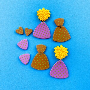 Purple Polka Dot Earrings, Purple Triangle Dangle Drops with Bold Yellow Floral Studs, Large Lightweight Boho Chic Statement Earrings image 5