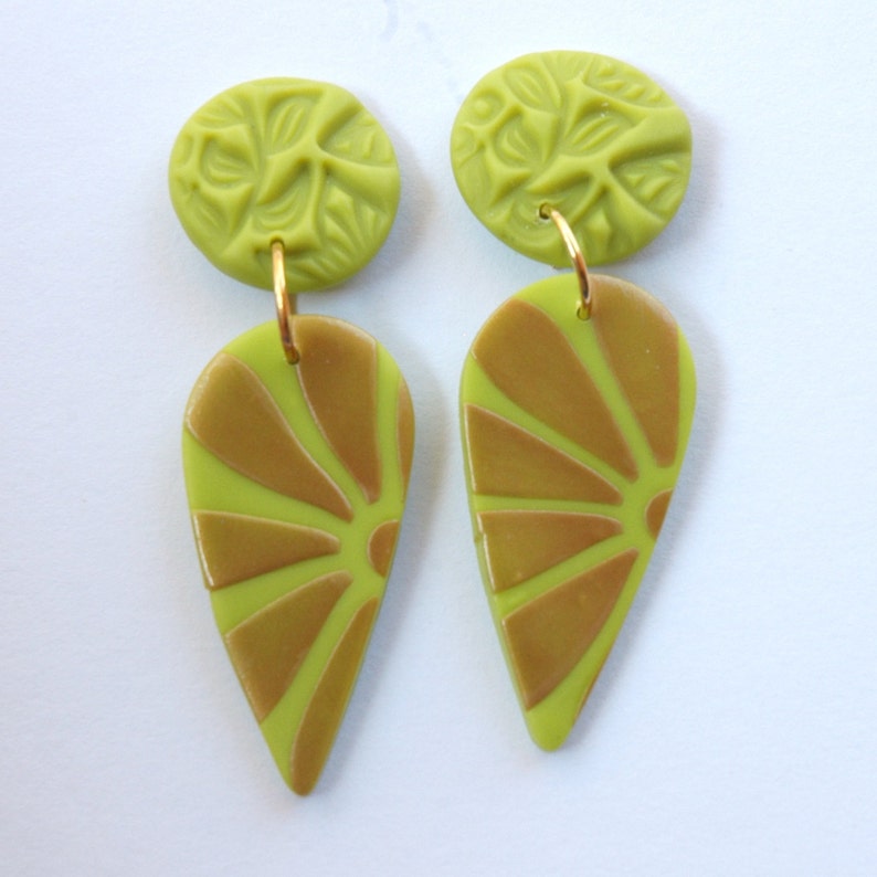 BRIGHT GREEN EARRINGS, Bright Lime Green Teardrop Earrings with Bronze Floral Motif and Textured Stud, Polymer Clay Statement Earrings image 2