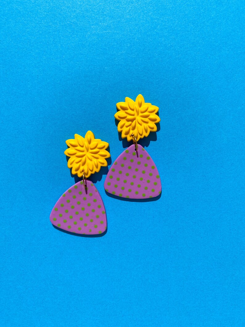 Purple Polka Dot Earrings, Purple Triangle Dangle Drops with Bold Yellow Floral Studs, Large Lightweight Boho Chic Statement Earrings image 1