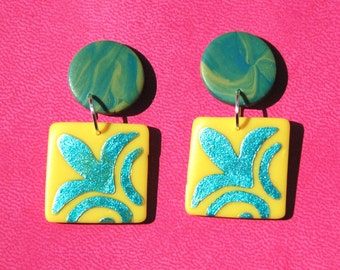 SUNSHINE YELLOW EARRINGS, Bright Yellow Earrings with Metallic Blue Floral Motif and Marbled Studs, Statement Earrings