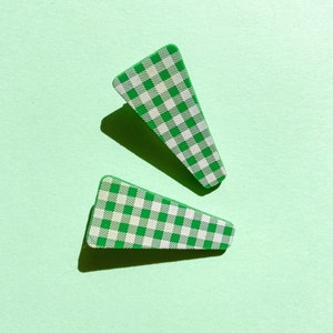 Green Gingham Hair Clips, Gingham Hair Barrette Set with Alligator Clips, Polymer Clay Hair Accessories image 2
