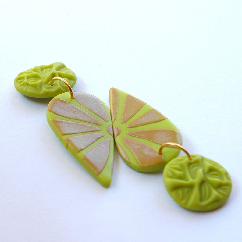 BRIGHT GREEN EARRINGS, Bright Lime Green Teardrop Earrings with Bronze Floral Motif and Textured Stud, Polymer Clay Statement Earrings image 3