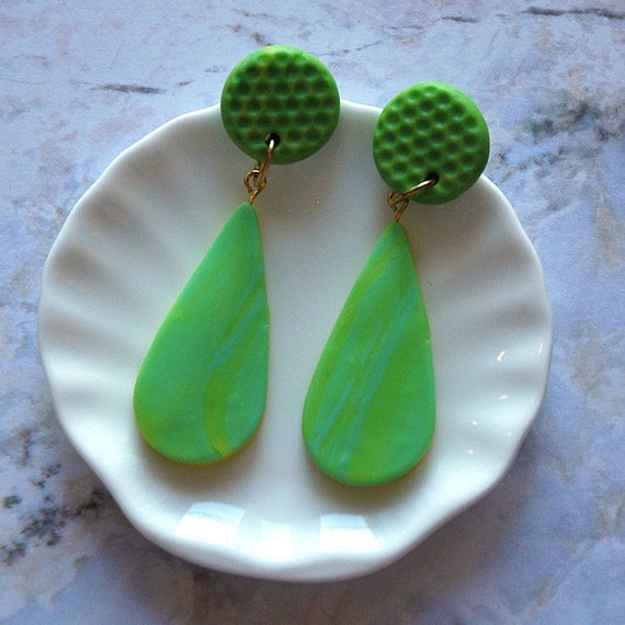 LEMON GREEN EARRINGS Green and Yellow Marbled Teardrop Earrings