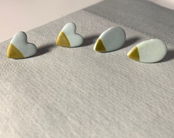 MINIMALIST STUD EARRINGS, Blue Grey Studs with Gold Accents in Heart and Teardrop Shapes, Stud Packs, Polymer Clay Studs