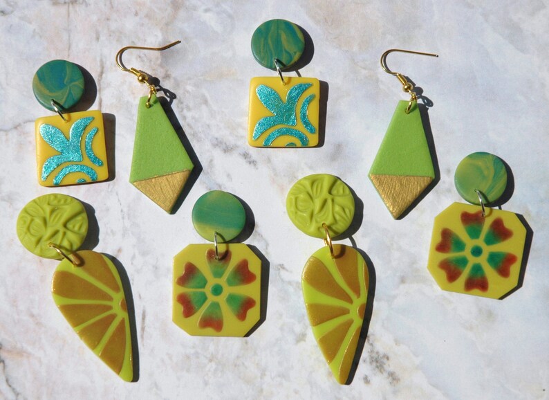 BRIGHT GREEN EARRINGS, Bright Lime Green Teardrop Earrings with Bronze Floral Motif and Textured Stud, Polymer Clay Statement Earrings image 5