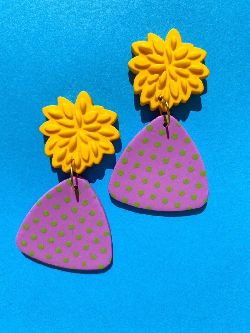 Purple Polka Dot Earrings, Purple Triangle Dangle Drops with Bold Yellow Floral Studs, Large Lightweight Boho Chic Statement Earrings image 2