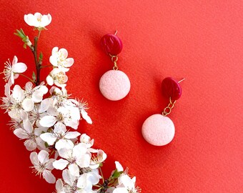 RED ROUND EARRINGS, Red and Pink Dangle Drops, Polymer Clay Statement Earrings, Bridesmaids Gifts