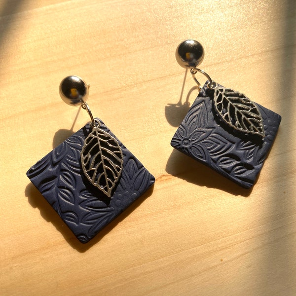 Navy Blue Earrings, Navy Blue Textured Square Dangle Drops with Silver Charm, Large Lightweight Avant Garde Wedding Statement Earrings