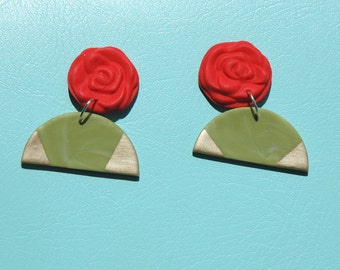 POPPY RED EARRINGS, Red and Green Semi-Circle Dangle Drops with Gold Accents and Floral Studs, Polymer Clay Statement Earrings