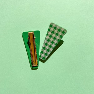 Green Gingham Hair Clips, Gingham Hair Barrette Set with Alligator Clips, Polymer Clay Hair Accessories image 5