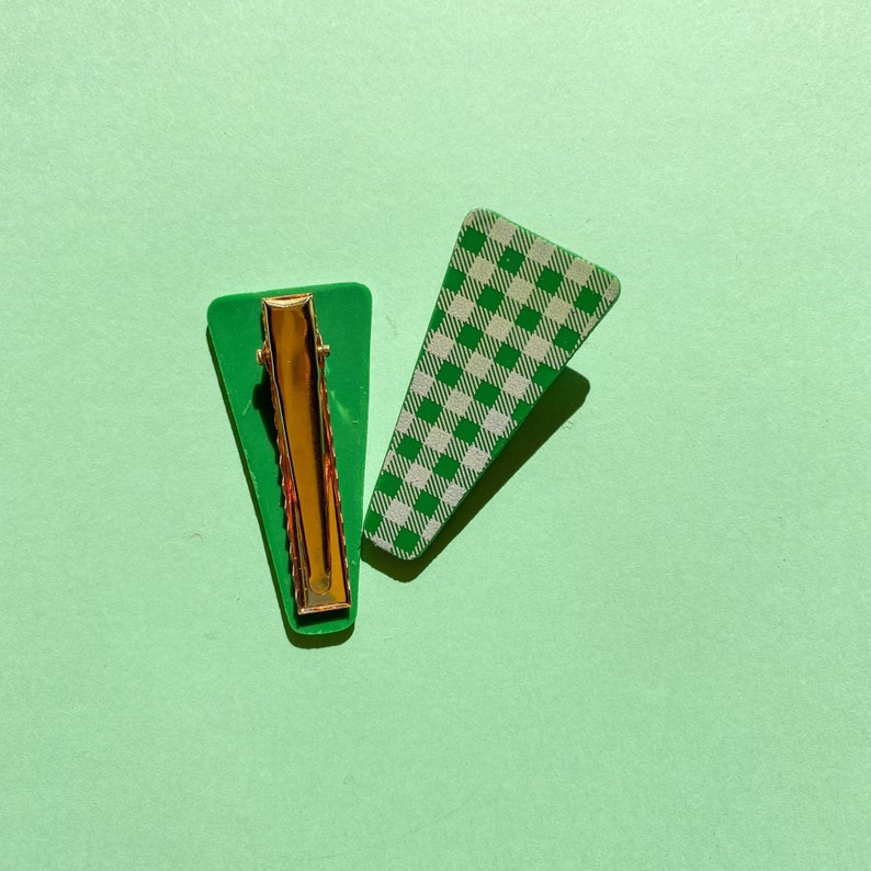 Green Gingham Hair Clips, Gingham Hair Barrette Set with Alligator Clips, Polymer Clay Hair Accessories image 5