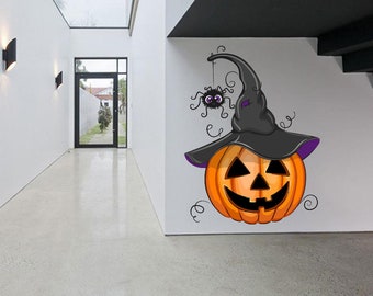 Happy Halloween Large Wall Poster Funny Pumpkin With Spider Wall Sticker Cool Party Vinyl Decal Removable Wall Mural Peel & Stick Art Decor