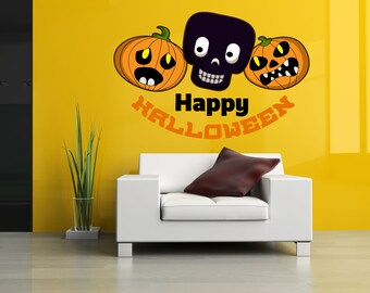 Two Creepy Pumpkins Spooky Skull Happy Halloween Peel And Stick Party Large Wall Sticker Vinyl Decal Mural Door And Window Art Decoration