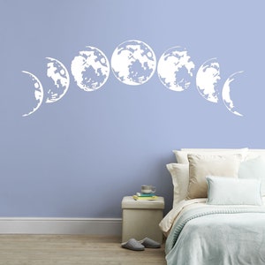 Moon Phases White Wall Stickers Beautiful Night Sky Wall Art Removable Vinyl Decal Peel and Stick Mural Nursery Bedroom Living Room Decor