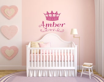 Amber Girl Name Wall Decal Queen Princess Crown Vinyl Sticker Girls Nursery Kids Room Wall Decoration Removable Mural Peel & Stick Art Decor