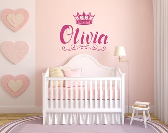 Olivia Girl Name Removable Wall Sticker Princess Nursery Vinyl Decal Queen Bedroom Wall Art Decoration Crown Mural Peel & Stick Custom Decal