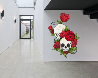 Skull and Roses Large Wall Decoration Aesthetic Floral Tattoo Wall Sticker Flowers Removable Vinyl Decal Peel & Stick Mural Modern Art Decor