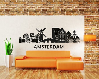 Amsterdam Netherlands City Skyline Travel Wall Sticker Vinyl Decal Mural Art Decor EH2755