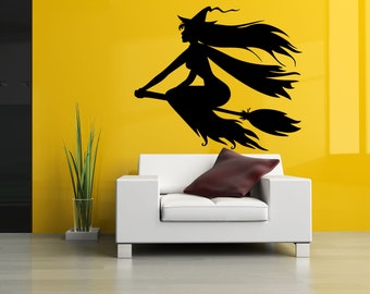 Spooky Large Wall Art Creepy Witch Silhouette Vinyl Decal Halloween Party Wall Sticker Removable Wall Mural Peel and Stick Modern Art Decor