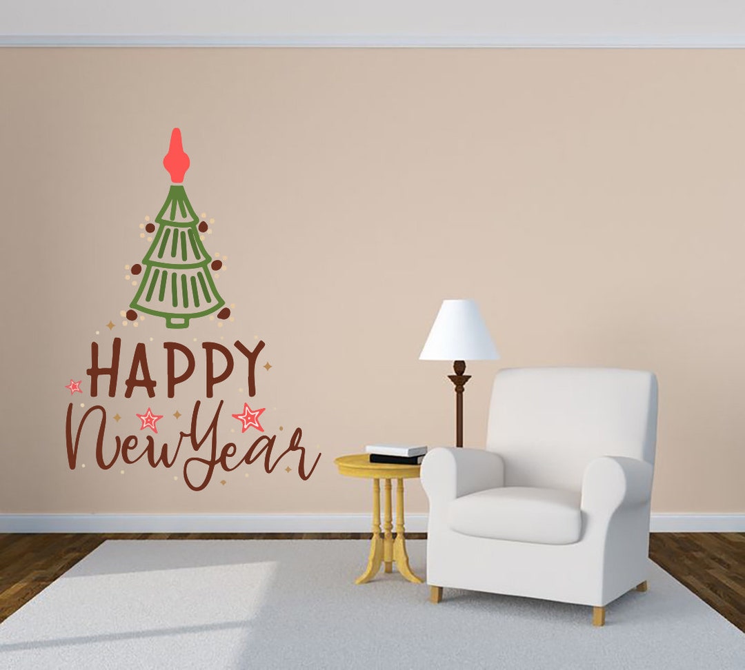 Happy New Year Wall Decoration Christmas Tree Vinyl Decal Etsy