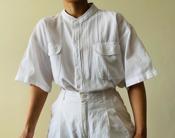 vintage white short sleeved blouse, white safari style blouse