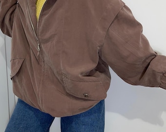 Giacca utility vintage color tortora oversize con cappuccio, parka leggero e minimalista, giacca casual anni '90 taglia L XL