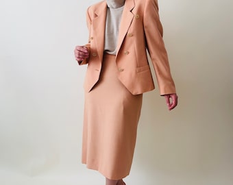 Vintage wool mix peach suit, skirt suit (pencil skirt, double breasted blazer)