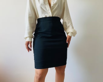 vintage fine wool mix black mini pencil skirt, office form fitted skirt