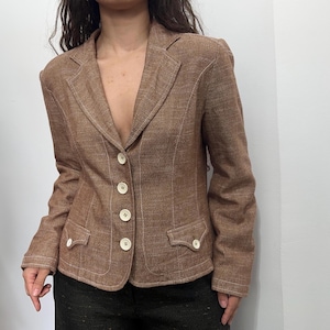 Vintage safari-style blazer – Brown silk linen viscose mix – Flap pockets & contrast stitching – Size fits M-L