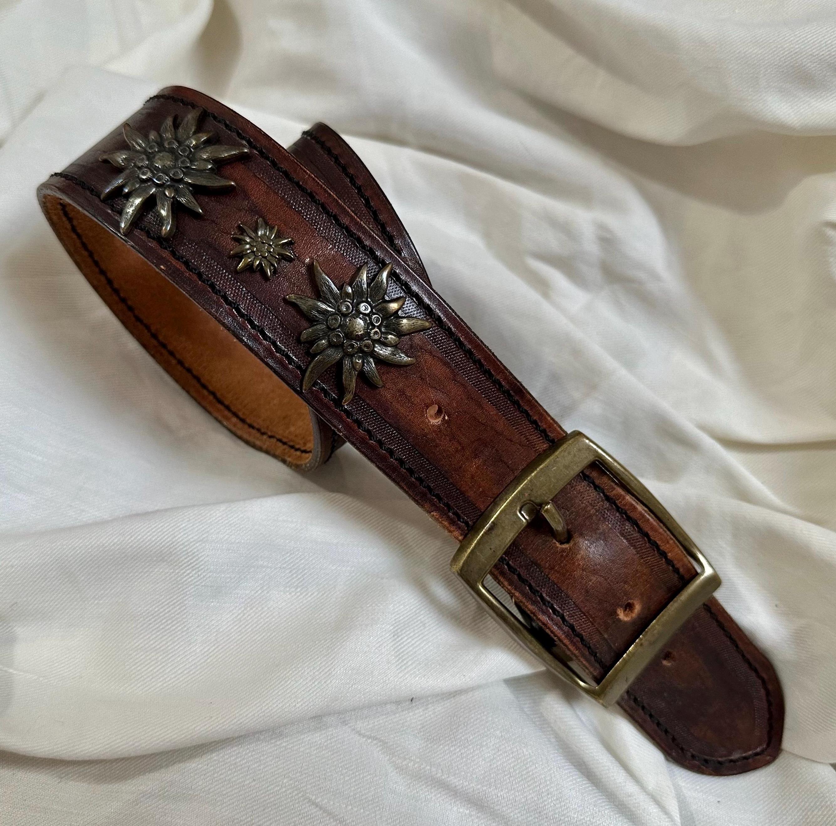 Vintage Brown Leather Belt With Edelweiss Metal Details  display picture 2