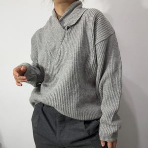 Vintage grey ribbed wool blend sweater with shawl collar – minimalist knit pullover – size M-L