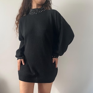 Vintage black embellished wool sweater – silk angora blend, pearl collar detail, oversized fit – size L