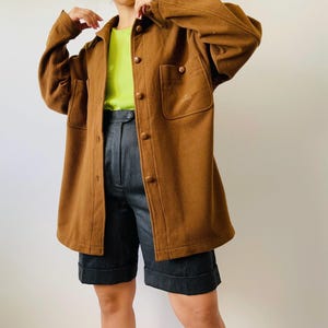 Vintage minimalist wool and cashmere shacket jacket, camel brown, oversized fit, size M-L