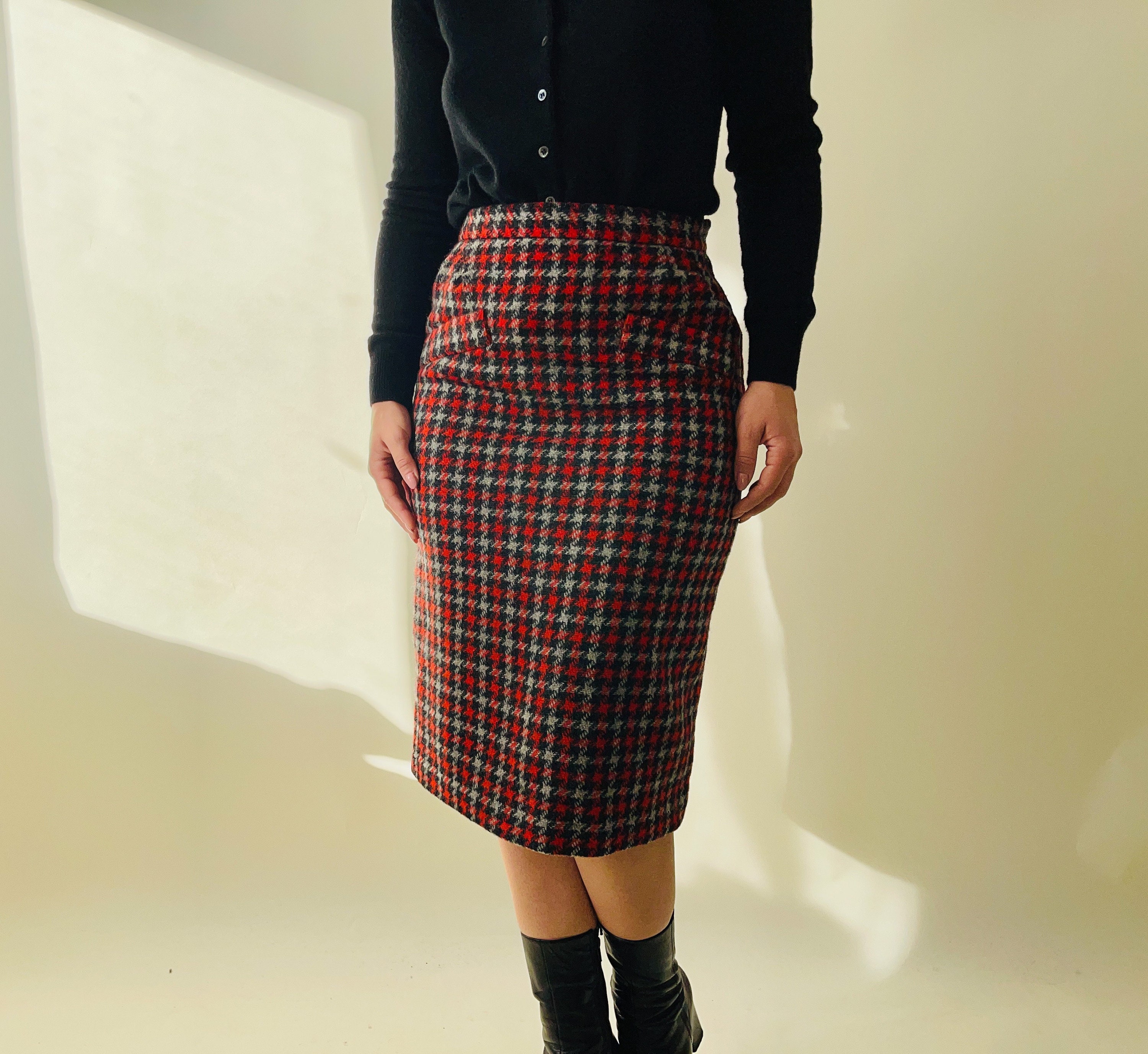 Vintage Wool Red Plaid Pencil Skirt Preppy Skirt - Etsy