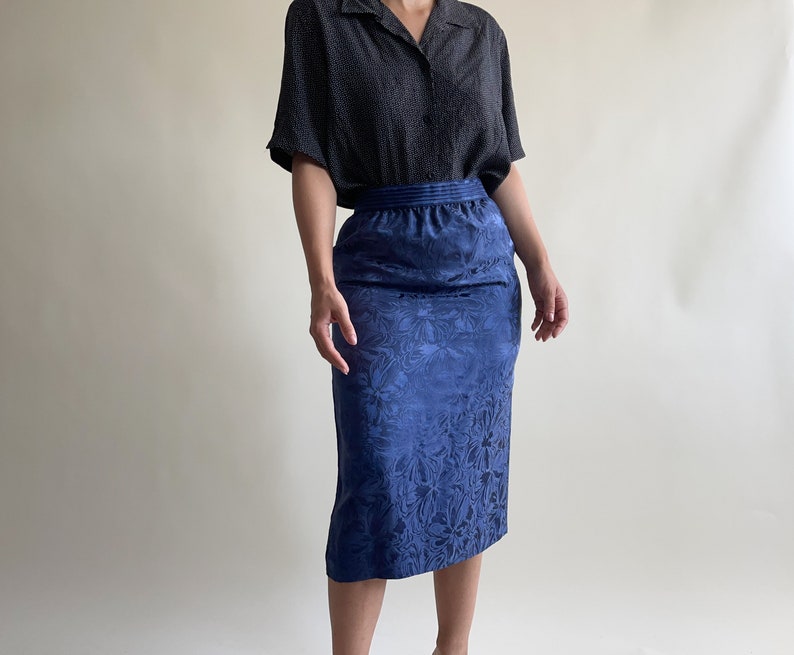 vintage blue silk pencil skirt image 1