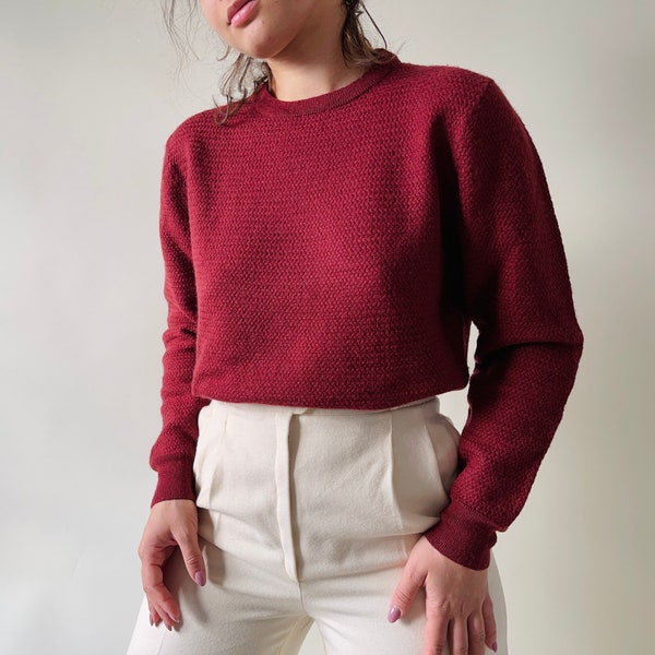 vintage wool mix burgundy crew neck sweater, wool jumper