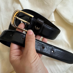 Vintage black leather belt with gold buckle – narrow minimalist belt – size L