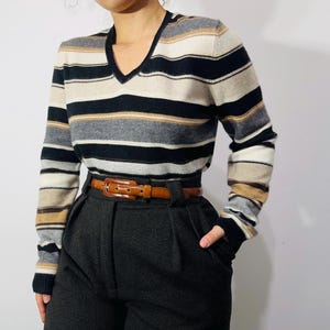 Vintage striped wool & cashmere sweater – v-neck jumper in earthy tones – size L
