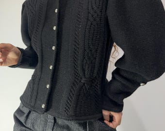 Vintage pure wool sculpted knit cardigan – dramatic sleeves & silver buttons – size M-L