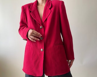 vintage pure silk red single breasted blazer, elegant minimalist silk blazer