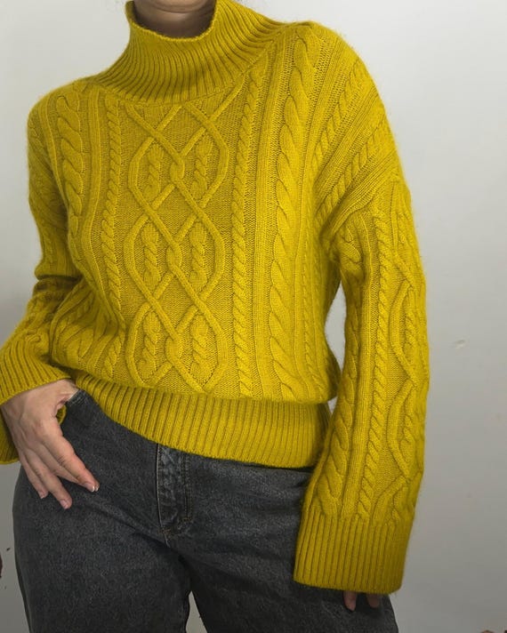 Vintage Mustard Cable Knit Turtleneck Sweater M| Soft Wool Aran Jumper | Cozy Chunky Fisherman Knit
