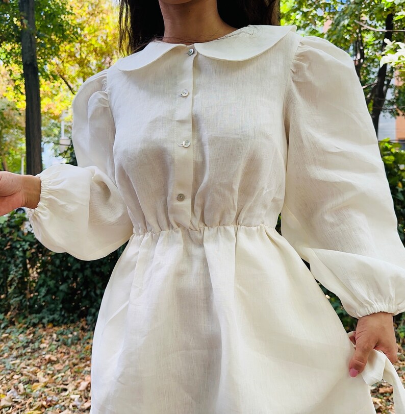 Linen cotton cottage core cream dress, puff sleeve midi dress/ cream linen dress image 6