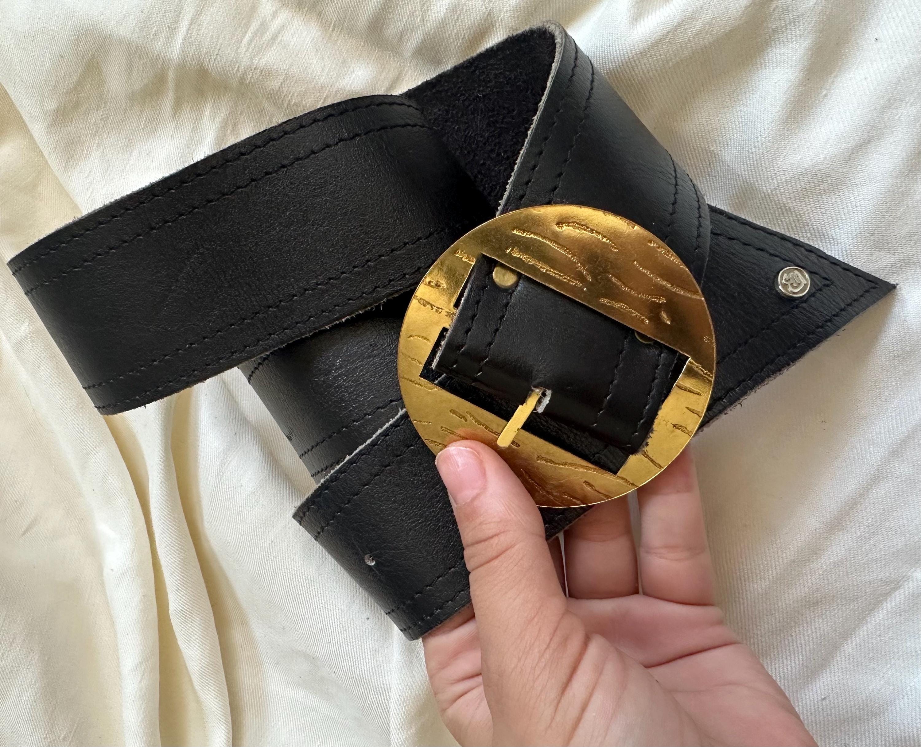 VTG 90s Harken Black Leather Belt Gold Sculptural Oversize Statement Buckle USA Vintage Harken Brown Leather Belt | Size M, Made in USA - Etsy main image 2