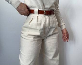 linen cotton mix high waisted pleated trousers/ creamy white suit pants: spring summer office trousers